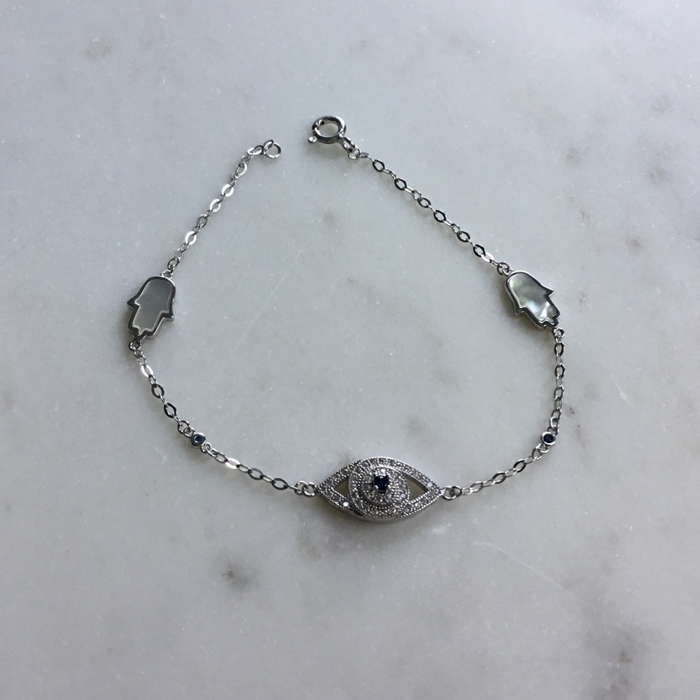 Sterling Silver CZ Evil Eye & MOP Hamsa Bracelet - Picture 3 of 13
